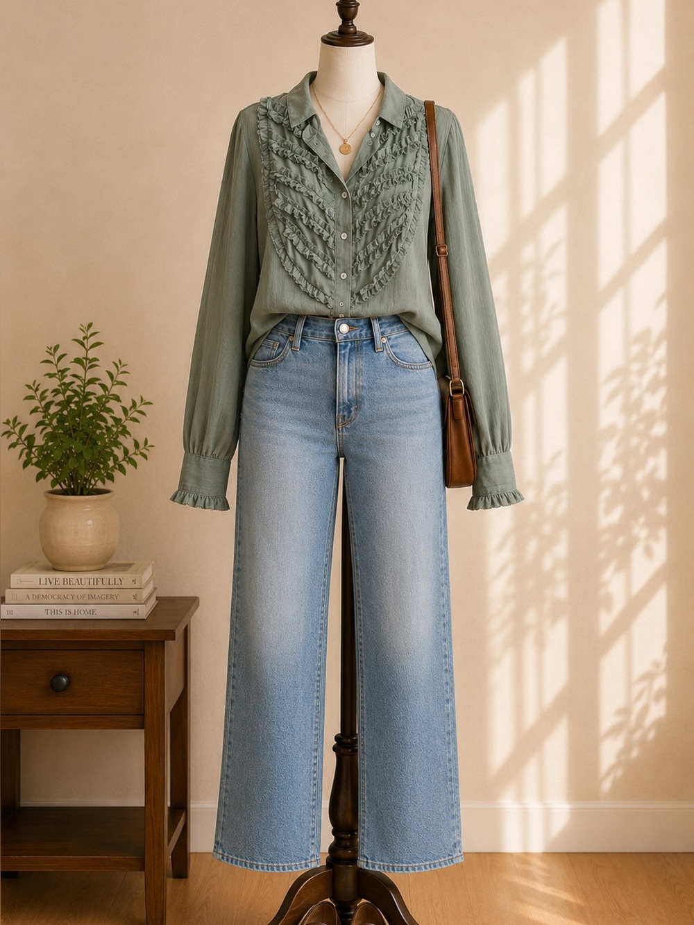 Free People Sage Green Ruffle Button Up Blouse Romantic Boho Cottagecore Small
